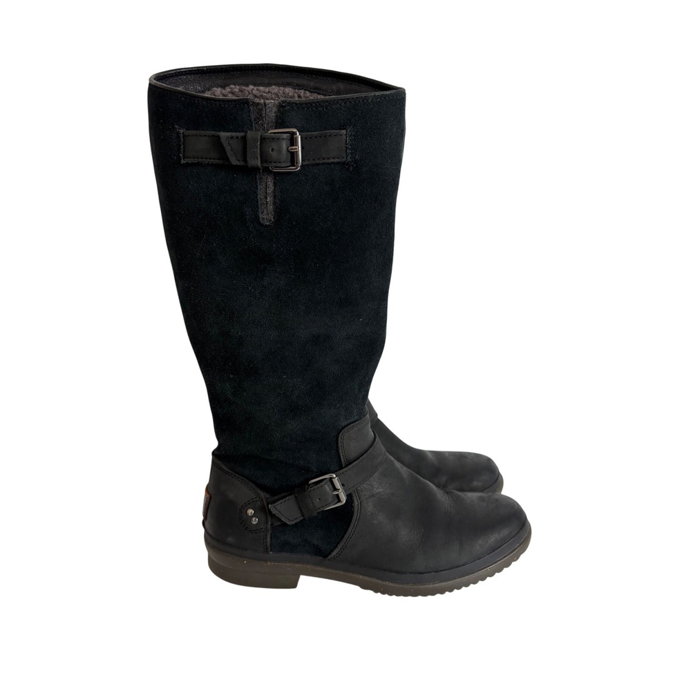 UGG Elsa Waterproof Black Leather Suede Tall Boots Womens 8.5 Moto Equestrian
